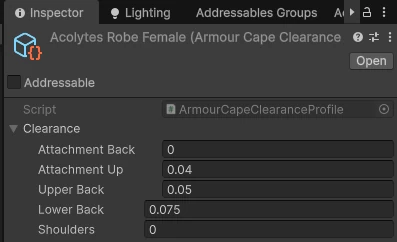 Unity Inspector showing the Acolytes Robe Female armour cape clearance profile
