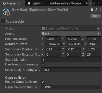 Unity Inspector showing the Bow Back equipment stow profile with armour clearance and cape collision enabled