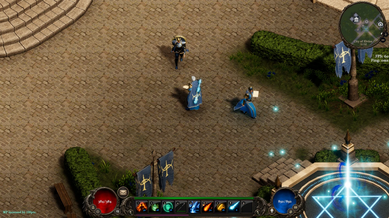 A blue cape resting over a character’s armour in the City of Elvine