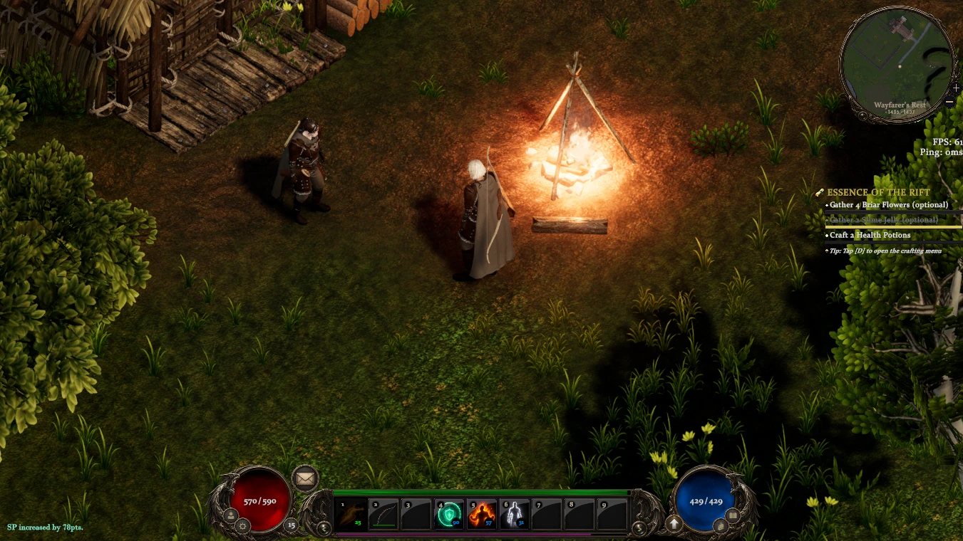 A bow stowed on a caped character’s back beside the campfire at Wayfarer’s Rest