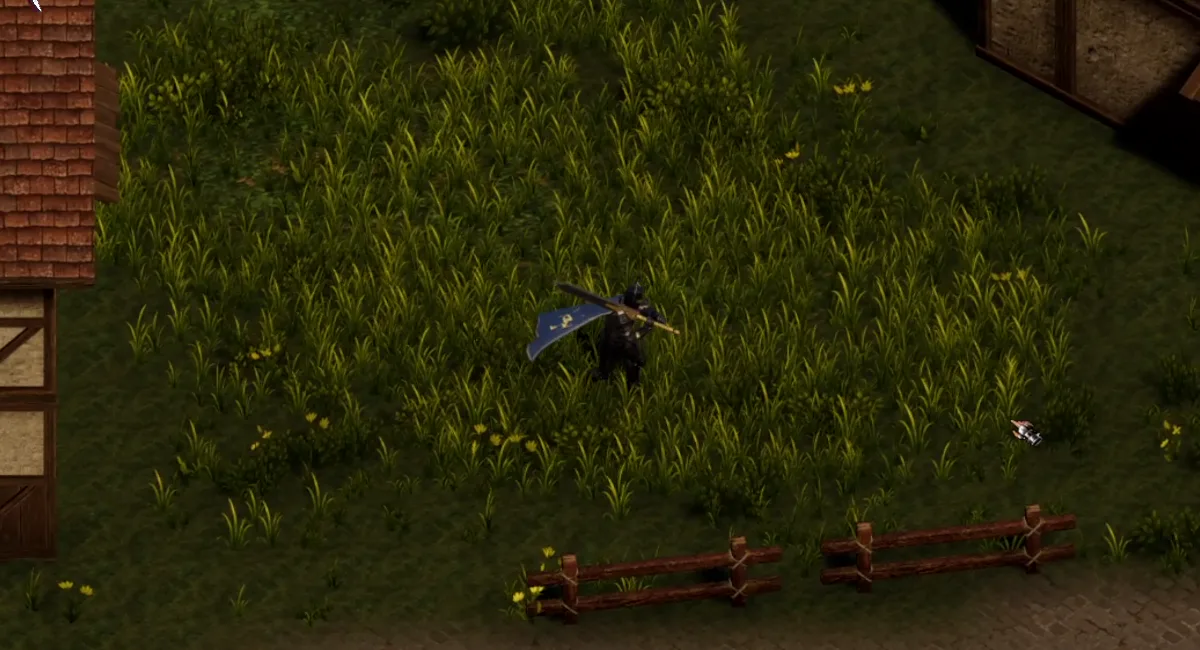 A Helrift character crossing a dense patch of grass near Wayfarer's Rest
